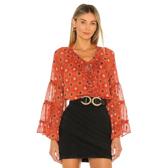 MISA Los Angeles Alberta Top Tassel Ruffle FlareTiered Sleeve Maravi Dots Size S - Picture 1 of 12